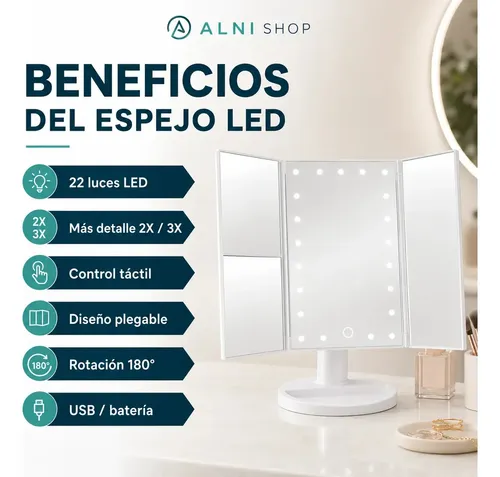 Espejo Maquillaje Luz Led Giratorio 22 Led Aumento Usb Pila