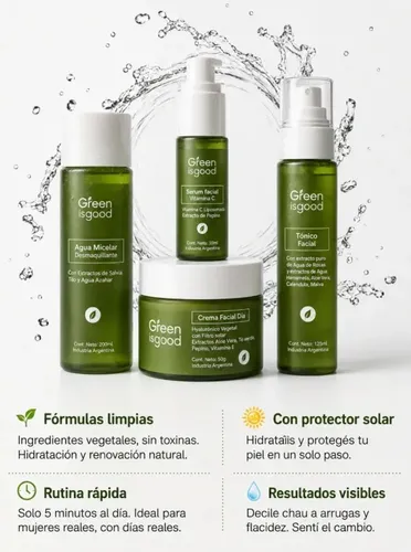 Kit Rutina Facial Completa Skincare 4 Pasos Día y Noche Agua Micelar + Tónico Facial + Sérum Vitamina C + Crema Ácido Hialurónico con Filtro Solar – Antiedad e Hidratación – 2 Meses – Green Is Good