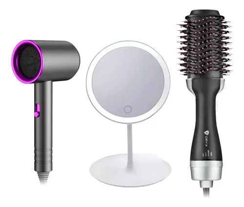 Combo Espejo Secador De Pelo Cepillo Eléctrico Belleza