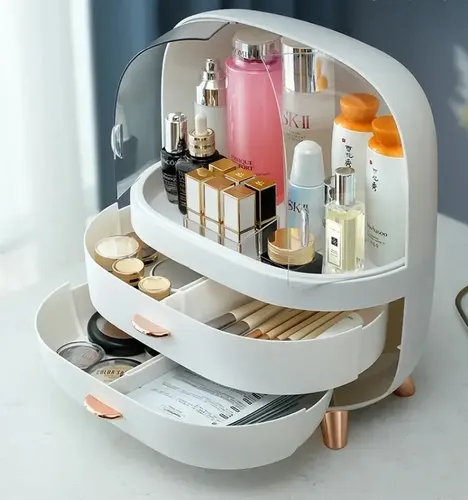 Organizador de Maquillaje Cápsula con Tapa y 2 Cajones para Tocador Blanco LTV