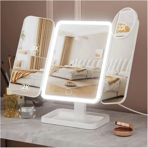 Espejo De Luz Led Maquillaje Con Aumento 3 Modos 10x 5x 2x Blanco Trafolec Baño Dormitorio Ajustable Recargable