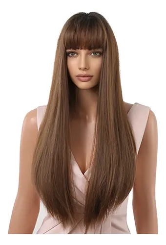 Peluca Larga Negra De Cabello Humano Con Flequillo Y Gorro D