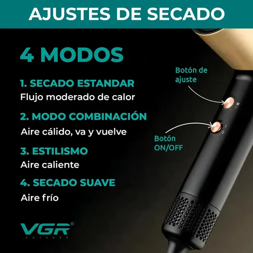 Secador De Pelo Profesional Vgr V-441 1400w 4 Temperaturas Negro Y Dorado