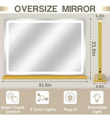 Espejo De Maquillaje Rolove 81x56cm Led Con Luz Dorado