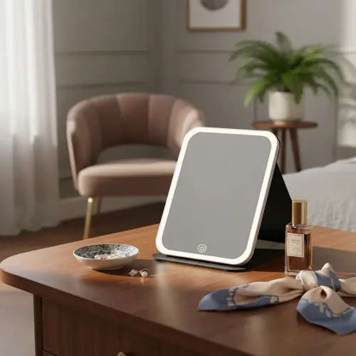 Espejo Con Luz Led Touch Suono Negro Soporte Plegable Blanco