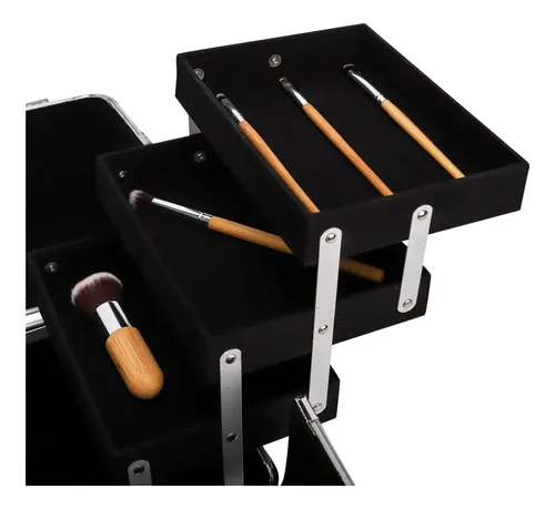 Maletin De Maquillaje Gadnic PVC Aluminio 6 Bandejas Cerradura Llaves Kit 11 Cepillos