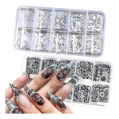 Láminas De Uñas Molilon Lace, Color Blanco Y Negro, 20 Rollo