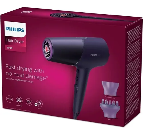 Secador De Pelo Philips Thermoshield Bhd514/00 2300w, Ionico, Golpe de Aire Frio, Boquilla Delgada y Difusor, Violeta Morado/metálico