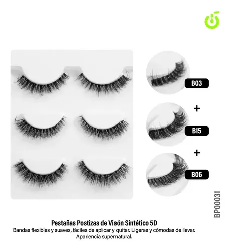 Pack de Pestañas Postizas Cherimoya con Tira Flexible D, Negro