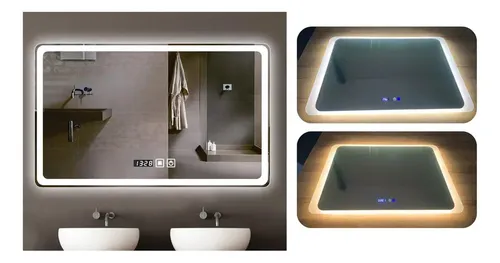 Espejo Rectangular Antiempañe Led Luz Fria/Calida 70cmX100cm Borde Pulido Display Hora Touch