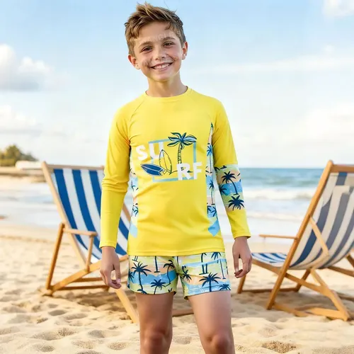 Traje De Baño Niño 2 Piezas Manga Larga Con Gorra Upf50+