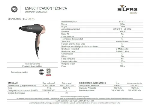 Secador De Pelo Curve Silfab By-527 1600w 2 Velocidades