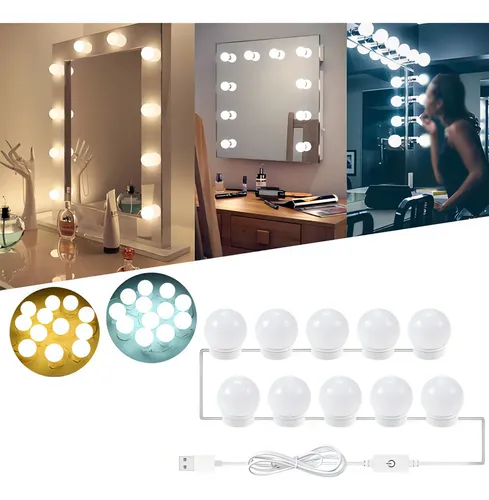 A Kit 10 Espejo Vestidor Luz Led Maquillaje 3 Tonos ,