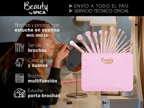 Set 15 Brochas Y Pinceles Para Maquillaje BEAUTY BY SPICA BRO-15 Estuche Colores Color Rosa