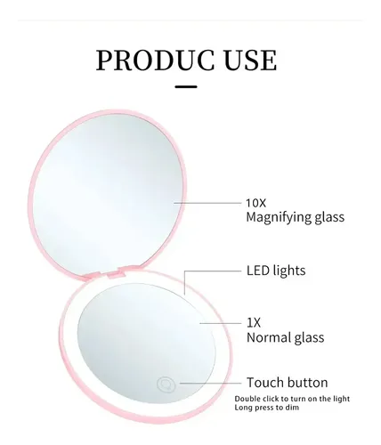 Mini Espejo Compacto C/ Luz Led Cartera Recargable 3 Tonos
