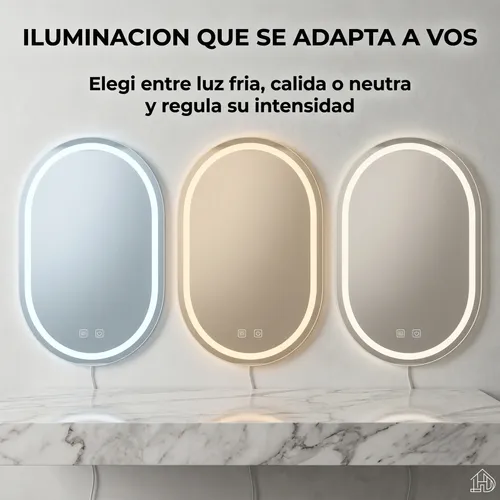 Espejo Ovalado Baño 60×80 Living Luz Led Regulable Aluminio