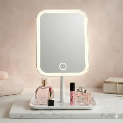Espejo De Maquillaje Led Táctil Con Base Organizadora Blanco