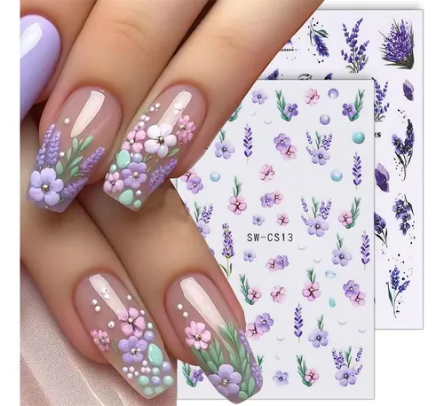 Pegatinas De Uñas Wenewfine 3d Con Forma De Flor Rosa Y Púrp