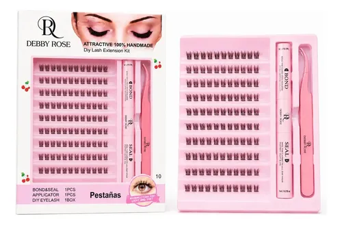 Debby Rose Kit Pestañas Cluster Adhesivo Pestañas Diy Color Negro Espesor 1 cm Largo 1 cm Tipo de curvatura D