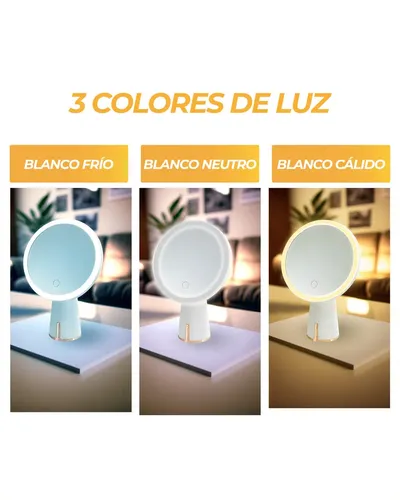 Espejo Led Recargable 30 Leds Rotación 90 3 Tonos De Luz