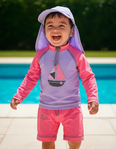 Traje De Baño Bebe Proteccion Solar Remera Uv + Boxer Gorra Color Violeta/coral Diseño De La Tela Velerito Talle 18-24 M