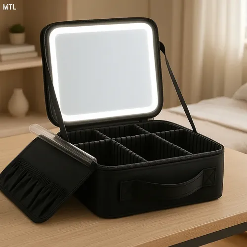 Alhajero Neceser Mtl Portátil Luz Led Espejo Compartimentos Ajustables Bandeja Desplegable Ideal Para Viaje Organización Maquillaje Accesorios Diseño Moderno Elegante Resistente Material Pu Negro