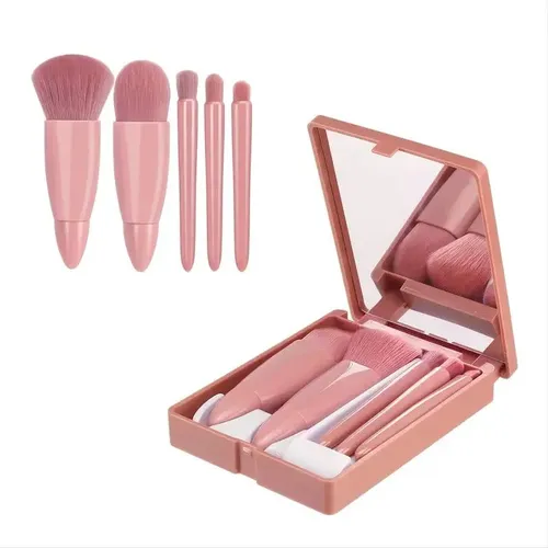 P/j Set Brochas Maquillaje Rosa 5 Piezas Mini Con Estuche