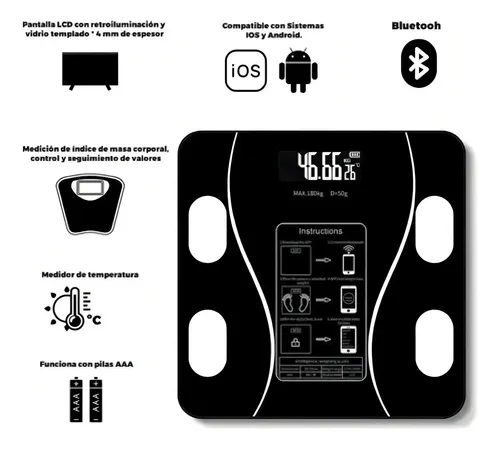 Balanza Digital Inteligente Personal Bluetooth 180kg Color Negro