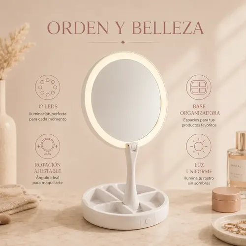 Espejo De Maquillaje Led Redondo Con Base Organizadora Luz