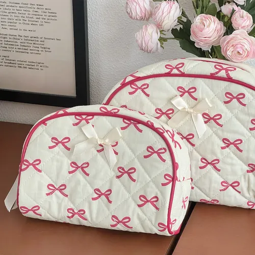 Bolsa De Maquillaje Acolchada De Algodón Con Bonito Lazo, 2 Rosa
