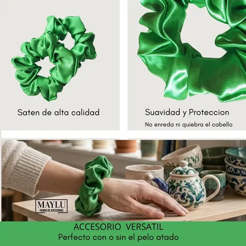 Scrunchies, Colitas De Pelo De Raso Antifrizz. Verde Benetton