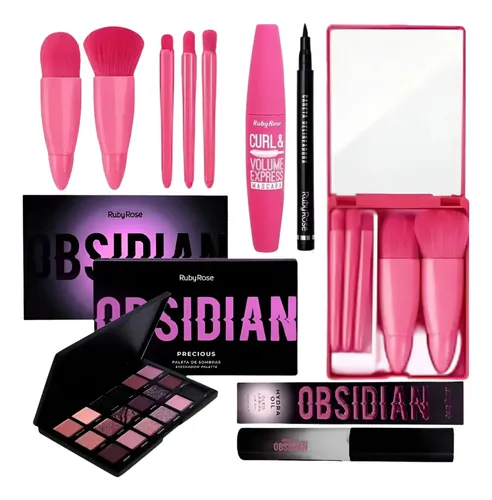 Kit Básico Ruby Rose Paleta Rímel Gloss Delineador Y Brochas