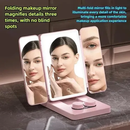 Espejo P/ Maquillaje C/ Porta Lentillas Led 3 Modos Usb Recargable Luz Ajustable Tocador Cosmética Portátil Diseño Moderno