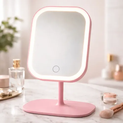 Espejo Maquillaje Con Luz Led Táctil 3 Tonos Recargable Rosa