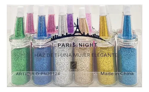 Kit Polvo X12 Glitter Paris Night Decoración Uñas Brillo Color 12 Colores