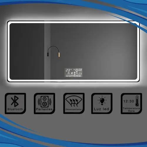 Espejo Rectangular Led Parlante Bluetooth Desempañador 90×70