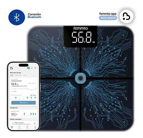 Balanza Digital Con Bluetooth Personal Minimalista Smart Bioimpedancia 4 Electrodos Invisibles Porcentaje Grasa Corporal Femmto