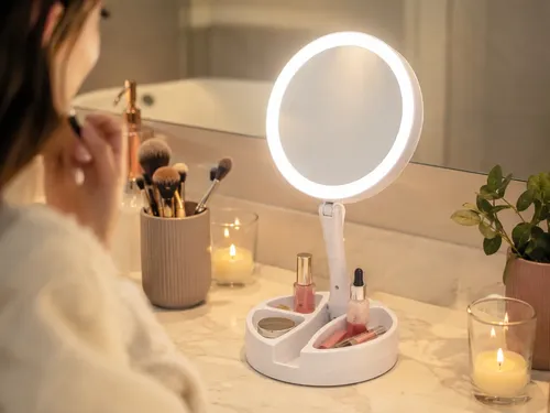 Espejo De Aumento Led Plegable Con Luz Y Organizador
