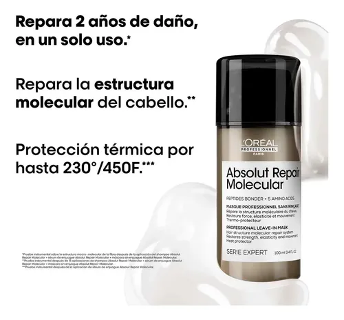L’Oréal Professionnel Serie Expert Absolut Repair Molecular Mascarilla Sin Enjuague Reparadora de Daño Profundo para Cabello Dañado con Protección Térmica, 100 ml