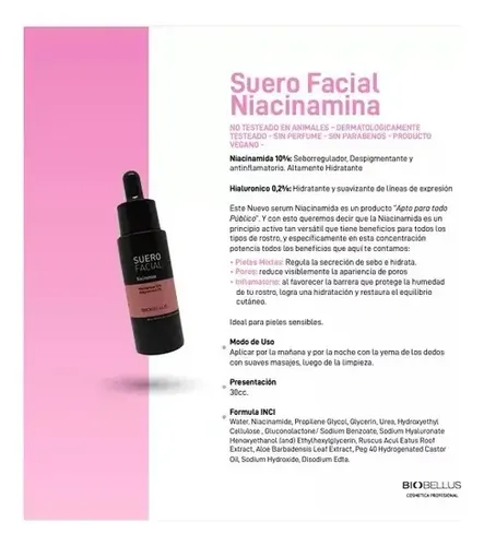 Biobellus Suero Facial Niacinamida Regula Sebo Despigmenta Momento de aplicación Día/Noche Tipo de piel Sensible
