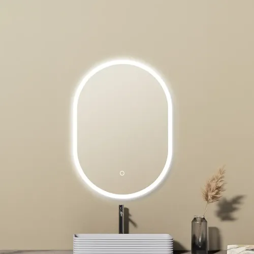 Espejo Luz Led Oval Para Baño Touch Luz Fria Marco Blanco