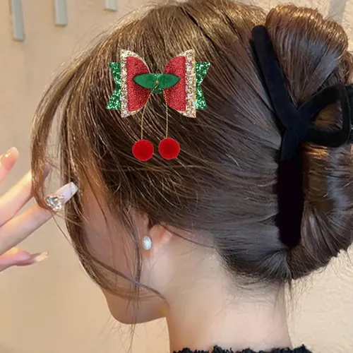 Moño Navideño Accesorio Para El Cabello De Cerezas