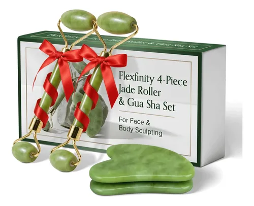 Set Masajeador Facial Jade Roller Y Gua Sha 4 Unidades Verde