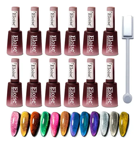 Kit X12 Esmalte Semipermante Gel Ojo Gato Cat Eye Iman Uv Color 12