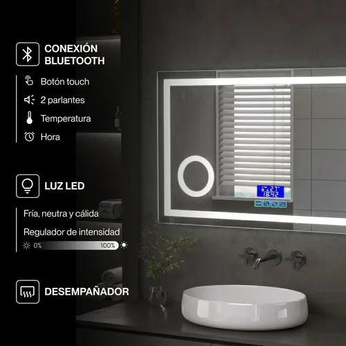 Espejo Bluetooth Luzled Desempañador Baño Rectangular 60×100