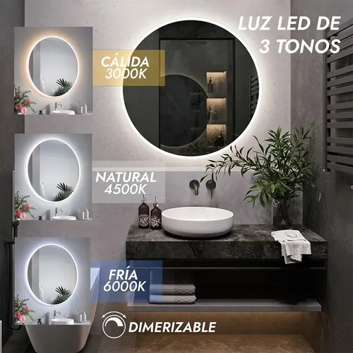 Espejo Para Baño Redondo Led Táctil Con Desempañador Redondo 80