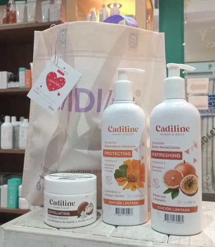 Set Regalo Cadiline Exfoliante Emulsion Manos Cuerpo Hidrata