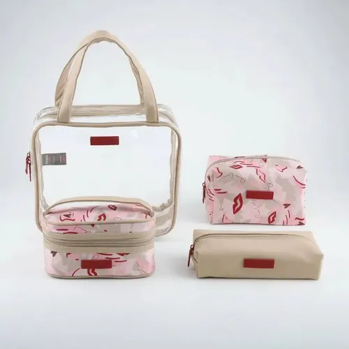 X4 Neceser Oreiro Love Transparente Pvc Viaje Maquillaje Beige Estampado