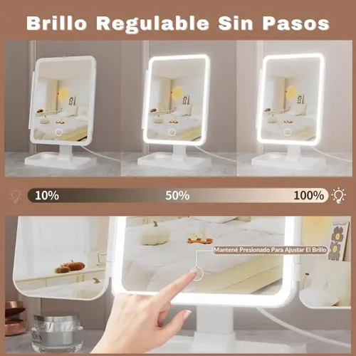 Espejo De Luz Led Maquillaje Con Aumento 3 Modos 10x 5x 2x Blanco Trafolec Baño Dormitorio Ajustable Recargable