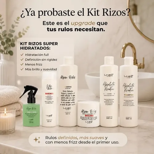 Kit Profesional Rizos Super Hidratación, Shampoo y Máscara Rizos Crema de Peinar Hidratación, reparadora y Protectora Térmica y Spray Hidratador y Formador (único AMC del Kit) de Rulos Line Up